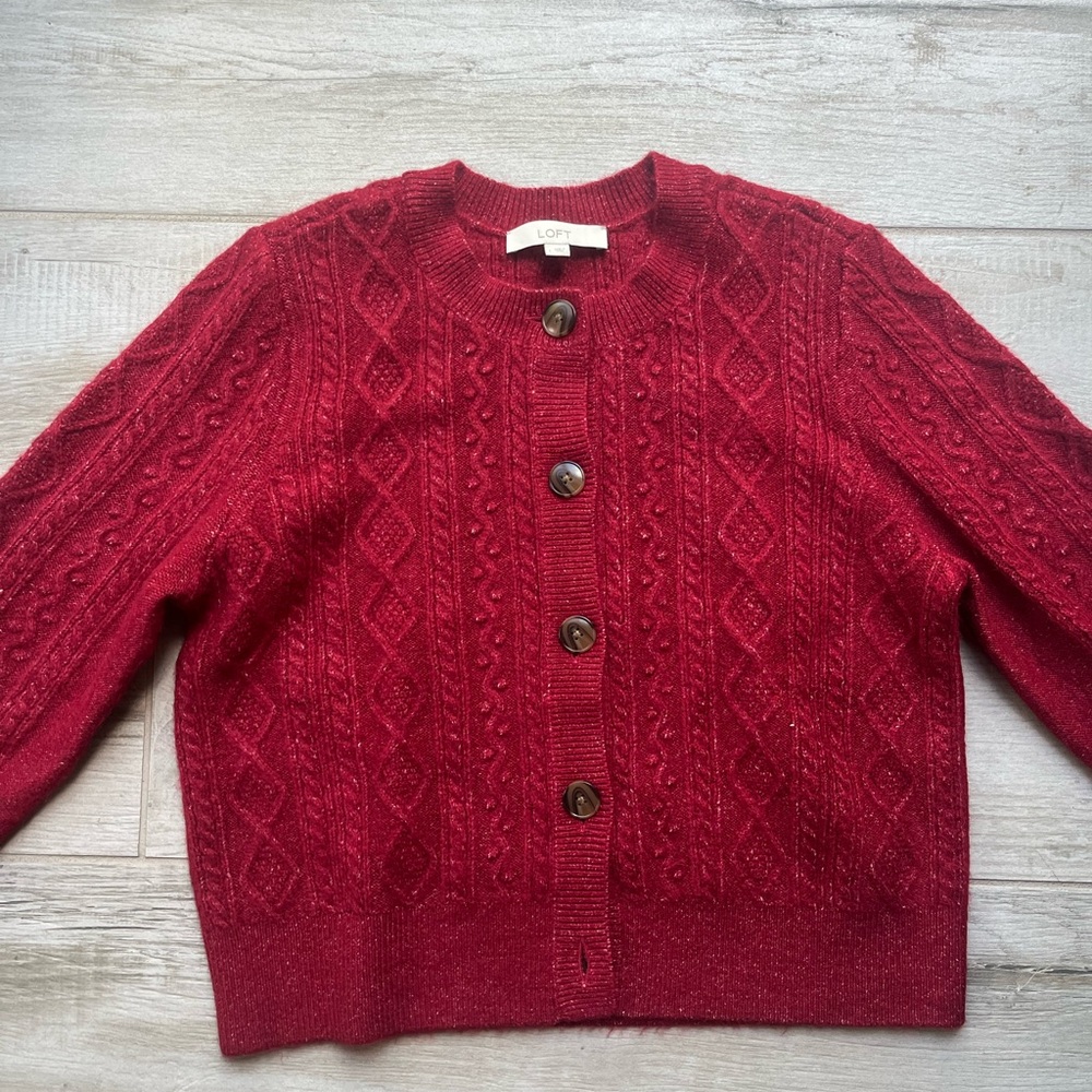 LOFT Women's cardigan Red Cable Knit Sweater size L